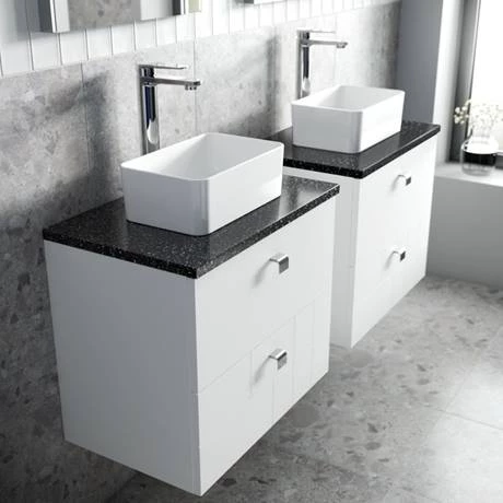 Venice Abstract 600mm White Vanity Unit - Wall Hung 2 Drawer Unit with Black Worktop & Chrome Handles 4 Venice Abstract 600mm White Vanity Unit - Wall Hung 2 Drawer Unit with Black Worktop & Chrome Handles - Image 4