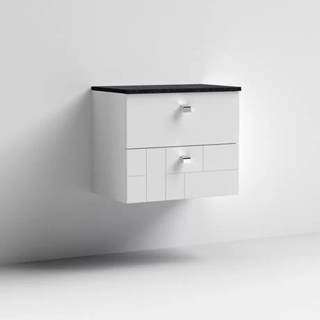 Venice Abstract 600mm White Vanity Unit - Wall Hung 2 Drawer Unit with Black Worktop & Chrome Handles 3 Venice Abstract 600mm White Vanity Unit - Wall Hung 2 Drawer Unit with Black Worktop & Chrome Handles - Image 3