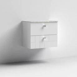 Venice Abstract 600mm White Vanity Unit - Wall Hung 2 Drawer Unit with Grey Worktop & Chrome Handles -White Bathroom Furniture Shop VWH6WHIGRE D1 460