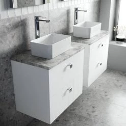 Venice Abstract 600mm White Vanity Unit - Wall Hung 2 Drawer Unit with Grey Worktop & Chrome Handles -White Bathroom Furniture Shop VWH6WHIGRE D2 460
