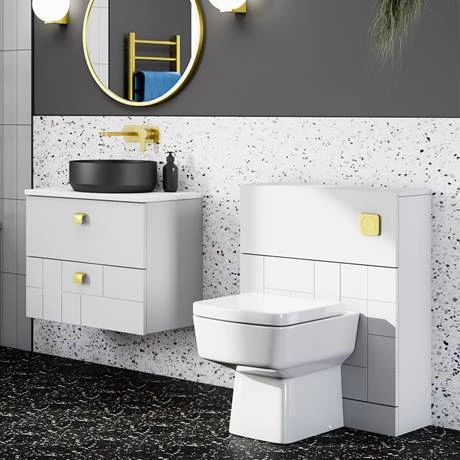 Venice Abstract 600mm White Vanity Unit - Wall Hung 2 Drawer Unit with White Worktop & Brushed Brass Handles 5 Venice Abstract 600mm White Vanity Unit - Wall Hung 2 Drawer Unit with White Worktop & Brushed Brass Handles - Image 5