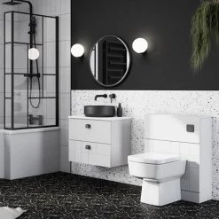 Venice Abstract 600 White Vanity - Wall Hung 2-Drawer Unit w. White Worktop, Round Matt Black Basin & Handles -White Bathroom Furniture Shop VWH6WHIWHIB2 d5 460