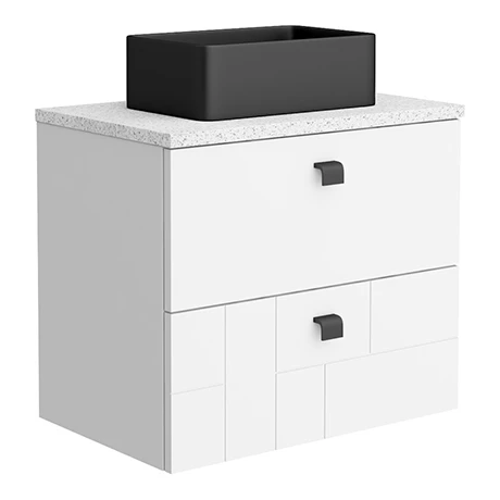Venice Abstract 600 White Vanity - Wall Hung 2-Drawer Unit w. White Worktop, Rectangular Matt Black Basin & Handles 1 Venice Abstract 600 White Vanity - Wall Hung 2-Drawer Unit w. White Worktop, Rectangular Matt Black Basin & Handles