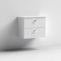 Venice Abstract 600mm White Vanity Unit - Wall Hung 2 Drawer Unit with White Worktop & Chrome Handles -White Bathroom Furniture Shop VWH6WHIWHI D1 460