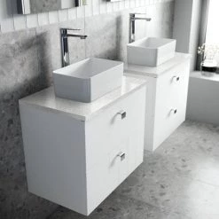 Venice Abstract 600mm White Vanity Unit - Wall Hung 2 Drawer Unit with White Worktop & Chrome Handles -White Bathroom Furniture Shop VWH6WHIWHI D2 460