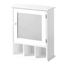 White Wood Wall Cabinet with 3 Compartments and Mirrored Door - 2401451